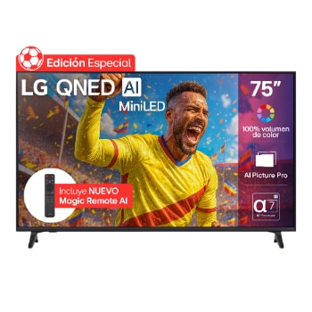 Vista frontal de TV LG 75" QNED Mini LED AI 4K – Fútbol a nivel espectacular 75QNED73ASC